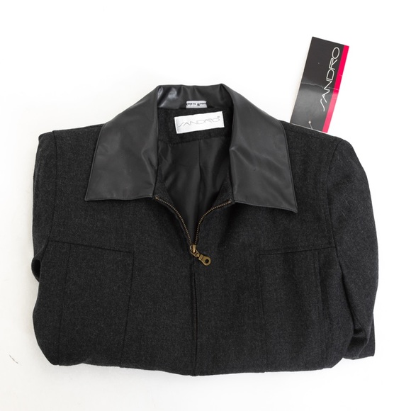 Sandro 100% wool black charcoal zipper front jacket with faux leather collar 10 - Picture 7 of 14